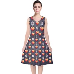 Love Heart Background Valentine V-neck Midi Sleeveless Dress 