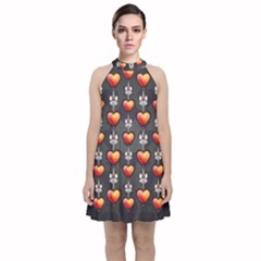 Love Heart Background Valentine Velvet Halter Neckline Dress 