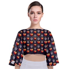 Love Heart Background Valentine Tie Back Butterfly Sleeve Chiffon Top