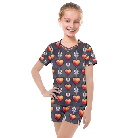 Love Heart Background Valentine Kids  Mesh Tee And Shorts Set by HermanTelo