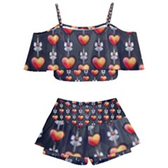 Love Heart Background Valentine Kids  Off Shoulder Skirt Bikini by HermanTelo