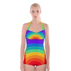 Rainbow Background Colorful Boyleg Halter Swimsuit  by HermanTelo