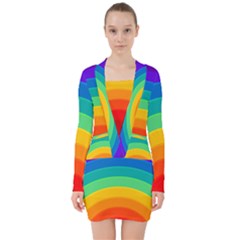 Rainbow Background Colorful V-neck Bodycon Long Sleeve Dress