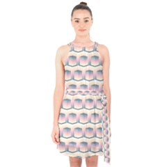 Seamless Pattern Background Cube Halter Collar Waist Tie Chiffon Dress