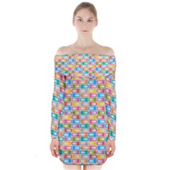 Seamless Pattern Background Abstract Rainbow Long Sleeve Off Shoulder Dress