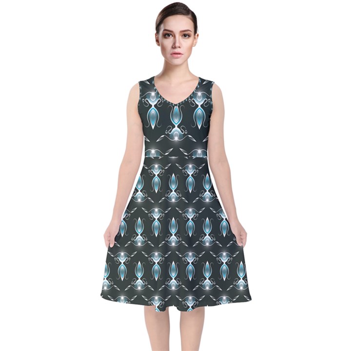 Seamless Pattern Background Black V-Neck Midi Sleeveless Dress 