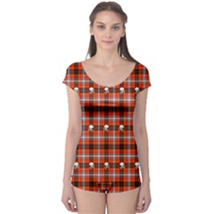 Plaid Pattern Red Squares Skull Boyleg Leotard 