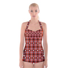 Plaid Pattern Red Squares Skull Boyleg Halter Swimsuit 