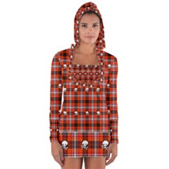 Plaid Pattern Red Squares Skull Long Sleeve Hooded T-shirt