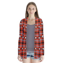 Plaid Pattern Red Squares Skull Drape Collar Cardigan