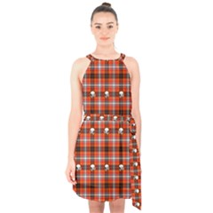 Plaid Pattern Red Squares Skull Halter Collar Waist Tie Chiffon Dress