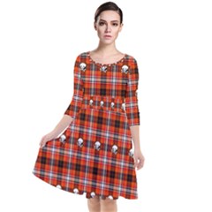 Plaid Pattern Red Squares Skull Quarter Sleeve Waist Band Dress