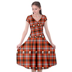 Plaid Pattern Red Squares Skull Cap Sleeve Wrap Front Dress