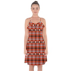 Plaid Pattern Red Squares Skull Ruffle Detail Chiffon Dress