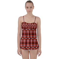 Plaid Pattern Red Squares Skull Babydoll Tankini Set