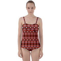 Plaid Pattern Red Squares Skull Twist Front Tankini Set