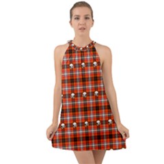 Plaid Pattern Red Squares Skull Halter Tie Back Chiffon Dress