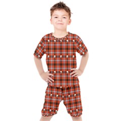 Plaid Pattern Red Squares Skull Kids  Tee And Shorts Set by HermanTelo