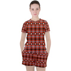 Plaid Pattern Red Squares Skull Women s Tee And Shorts Set