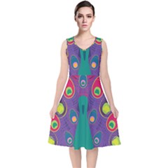 Peacock Bird Animal Feathers V-neck Midi Sleeveless Dress  by HermanTelo