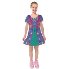 Peacock Bird Animal Feathers Kids  Short Sleeve Velvet Dress