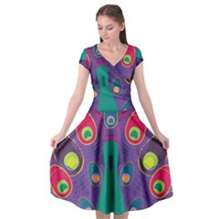 Peacock Bird Animal Feathers Cap Sleeve Wrap Front Dress