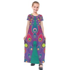 Peacock Bird Animal Feathers Kids  Short Sleeve Maxi Dress