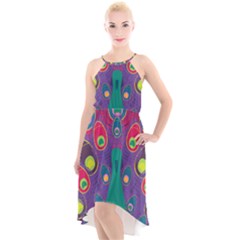 Peacock Bird Animal Feathers High-low Halter Chiffon Dress 