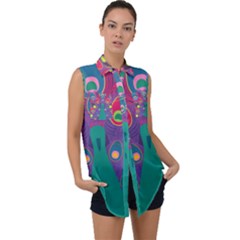 Peacock Bird Animal Feathers Sleeveless Chiffon Button Shirt