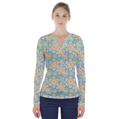 Seamless Pattern Floral Pastels V-neck Long Sleeve Top by HermanTelo