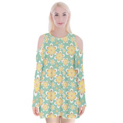 Seamless Pattern Floral Pastels Velvet Long Sleeve Shoulder Cutout Dress by HermanTelo