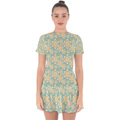 Seamless Pattern Floral Pastels Drop Hem Mini Chiffon Dress