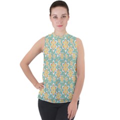 Seamless Pattern Floral Pastels Mock Neck Chiffon Sleeveless Top