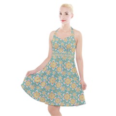 Seamless Pattern Floral Pastels Halter Party Swing Dress 