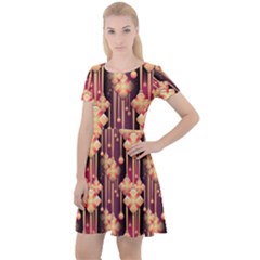 Seamless Pattern Plaid Cap Sleeve Velour Dress 