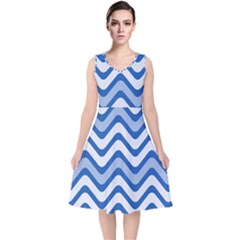 Waves Wavy Lines V-neck Midi Sleeveless Dress 