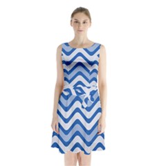 Waves Wavy Lines Sleeveless Waist Tie Chiffon Dress