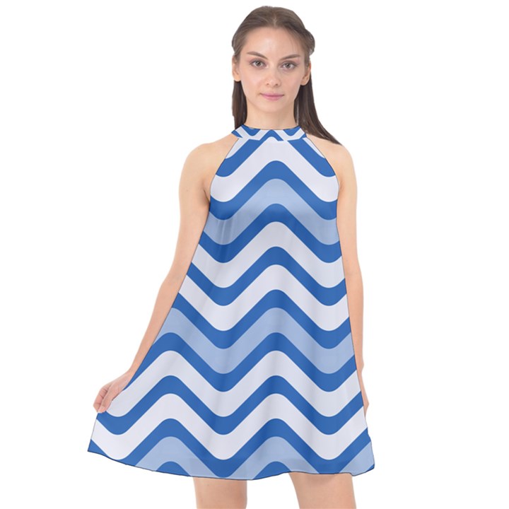 Waves Wavy Lines Halter Neckline Chiffon Dress 