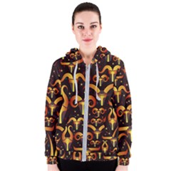 Stylised Horns Black Pattern Women s Zipper Hoodie