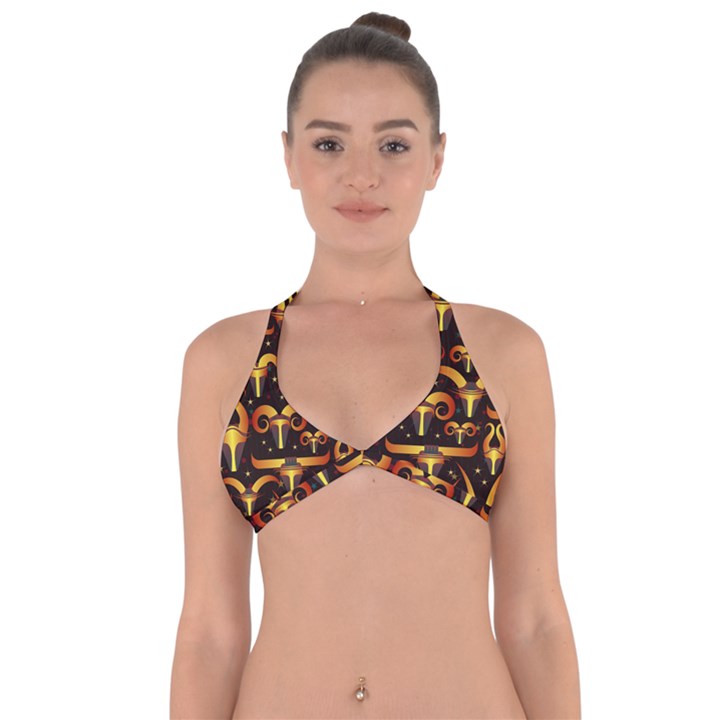 Stylised Horns Black Pattern Halter Neck Bikini Top