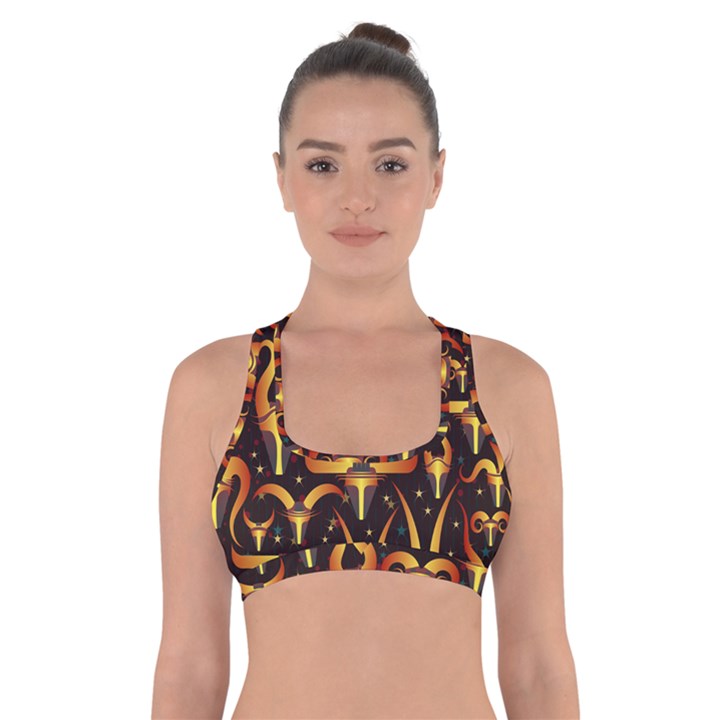 Stylised Horns Black Pattern Cross Back Sports Bra