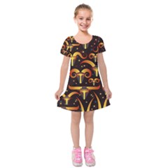 Stylised Horns Black Pattern Kids  Short Sleeve Velvet Dress