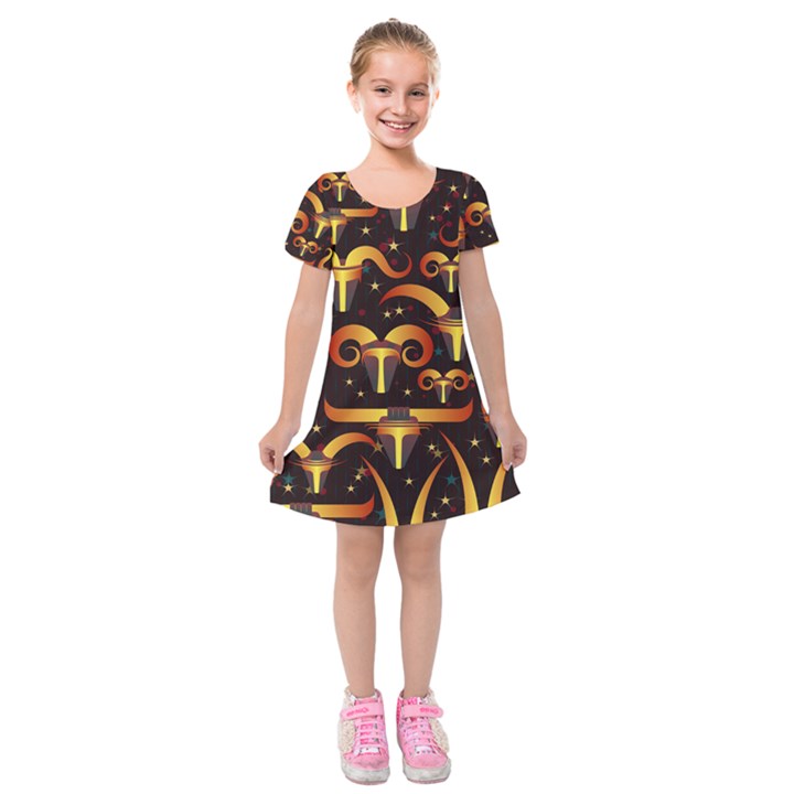 Stylised Horns Black Pattern Kids  Short Sleeve Velvet Dress