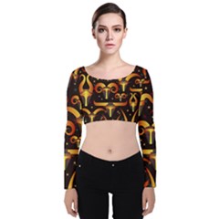 Stylised Horns Black Pattern Velvet Long Sleeve Crop Top