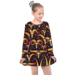 Stylised Horns Black Pattern Kids  Long Sleeve Dress by HermanTelo