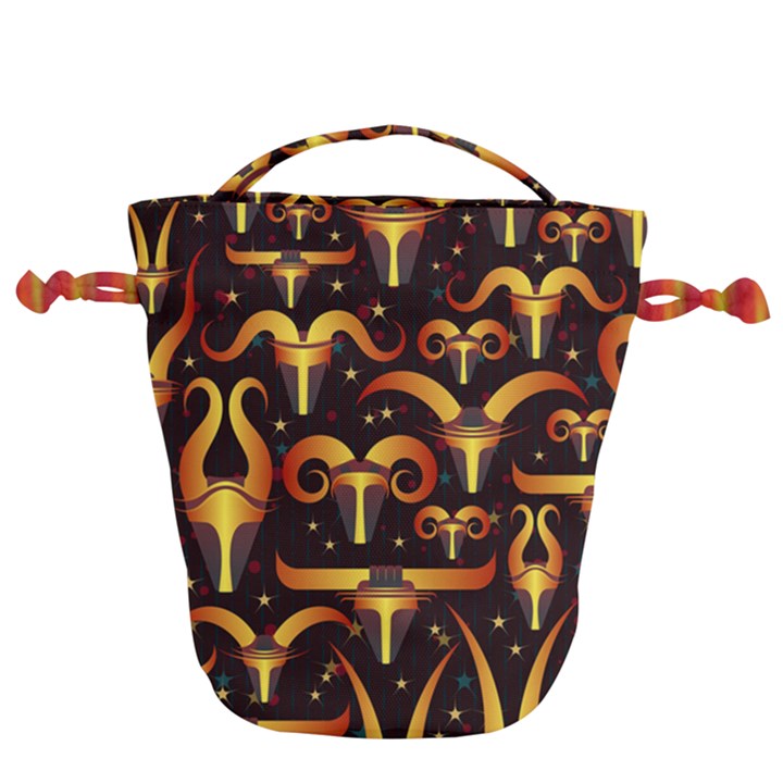 Stylised Horns Black Pattern Drawstring Bucket Bag