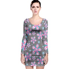 Seamless Pattern Flowers Pink Long Sleeve Bodycon Dress