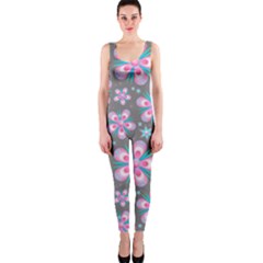 Seamless Pattern Flowers Pink One Piece Catsuit