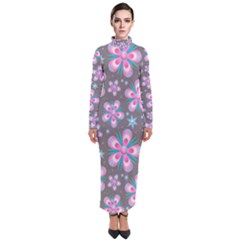 Seamless Pattern Flowers Pink Turtleneck Maxi Dress