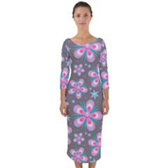 Seamless Pattern Flowers Pink Quarter Sleeve Midi Bodycon Dress